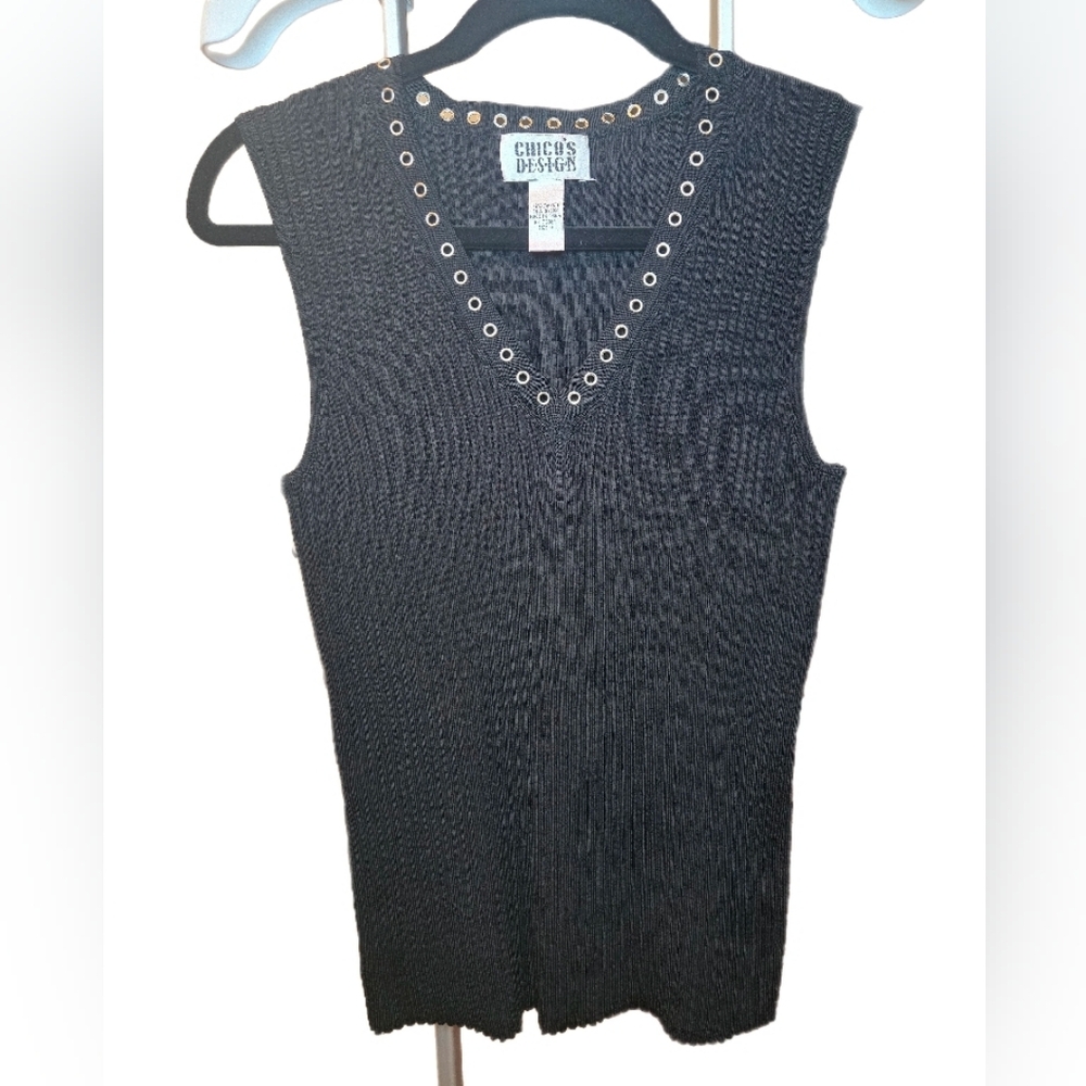 Chico's Black Ribbed Sleeveless Sweater with Silver Grommet Trim